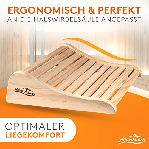 ALPENHAUCH Sauna Kopfstütze Holz [2 Stück] - Ergonomische Saunakopfstütze Holz - Edles Sauna Zubehör Infrarotkabine - Komfortable & breite Kopfstütze Sauna Holz für Sauna inkl. Sauna Büchlein