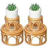 Wenqik 4 Pcs Boho Rattan Plant Stand Woven Wicker Round Riser Stand Indoor Rustic Farmhouse Natural Plant Stand Circle Plant Pedestal Round Accent Centerpiece for Home Kitchen Office Display, 2 Size