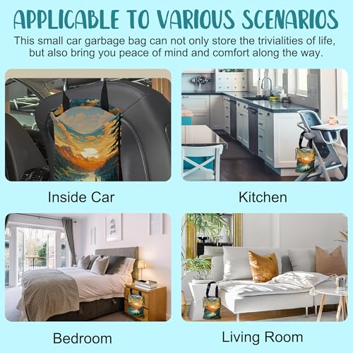 Image of Car Garbage Bag Mountain Lake and Sunrise Drawstring Car Trash Bag Hanging for Back Seat with Adjustable Buckle Canvas Vehicle Trash Can Easy-to-Install
