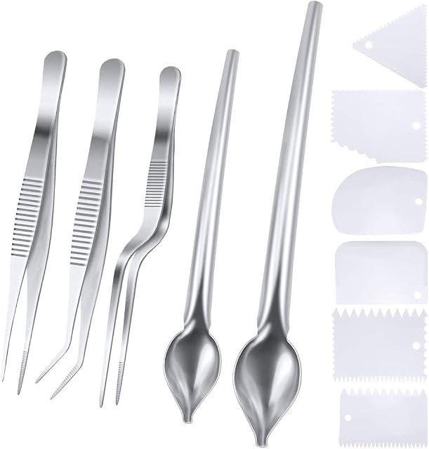 SelfTek 5Pack Chef Plating Tools 3Pcs Stainless Steel Cooking Tweezers Precision Tongs with Serrated Tips,2 Sizes Culinary Drawing Spoon and 6 Pcs Plastic Plating Wedge Set for Plates Decorating