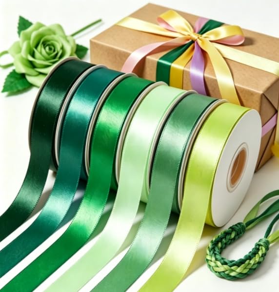 Cinta de 10 mm verde, cinta decorativa de regalo, cinta de tela, 10 mm x 22 m, cinta de raso para envolver regalos, bodas, manualidades, decoración, 22 m/rollo
