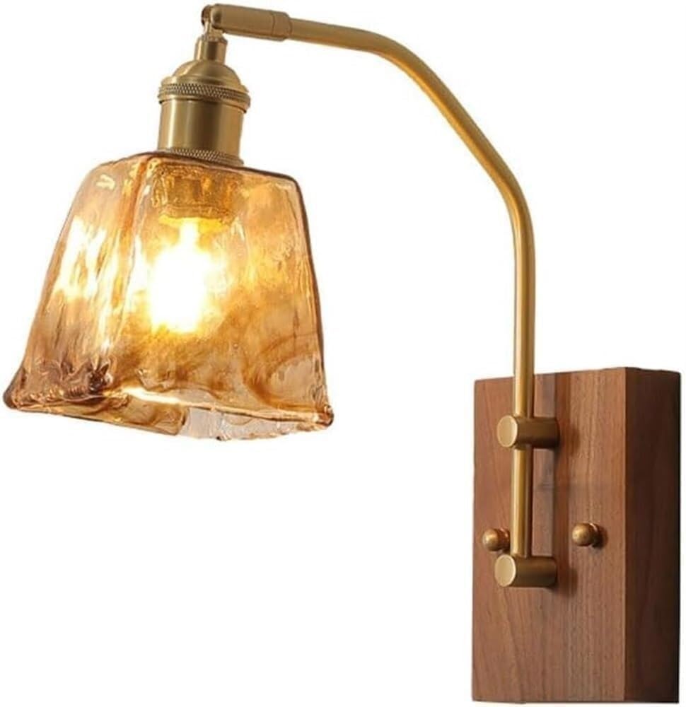JYBNBBE Brass Gold Amber Glass Wall Light Fixture Farmhouse Wall Sconces Adjustable Antique V-intage Wall Mount Lamp Indoor Bedroom Wall Lighting