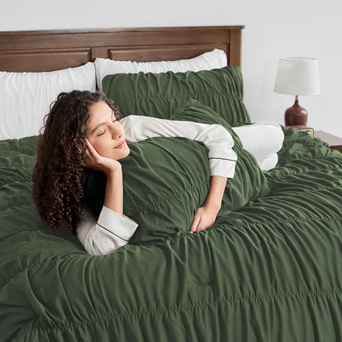Image of Andency Olive Ruched Comforter Set Queen Size, Shabby Chic Pleated Bedding Sets 3 Pieces, Lightweight Soft Boho Ruffle Bed Set for Girls, Kids, Women, All Season