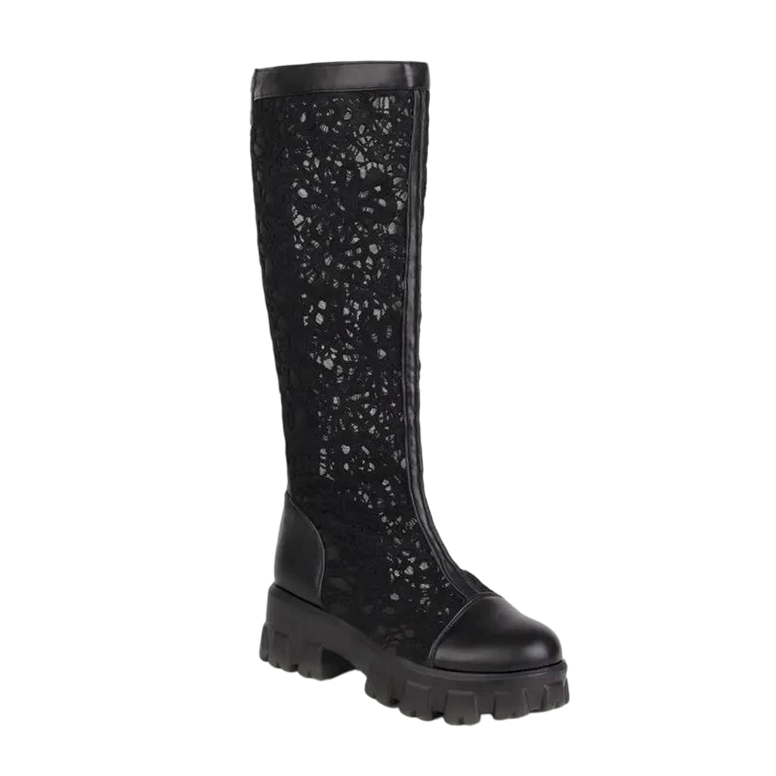 Alloaone Womens White Knee High Platform Boots Round Toe High Heel Breathable Mesh Upper With Lace And Zipper