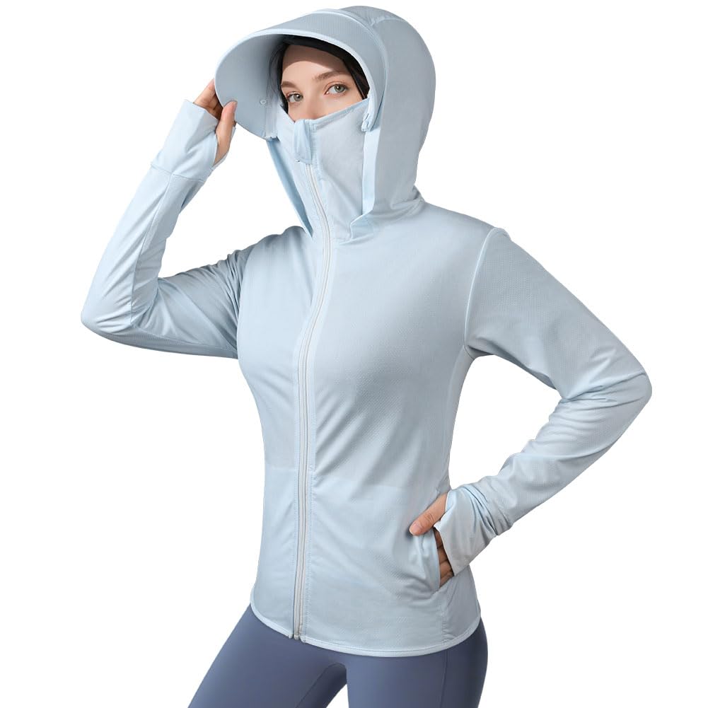 AUYAO UPF50+ Veste à Capuche Femme, Vestes de Sport Protection Solaire Respirant avec Poches, Sweat a Capuche Manches Longues, Chemise Anti UV Ete Femme Homme pour Running, Jogging, Baignade(M-L)