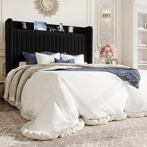 SHA CERLIN Queen Size Velvet Bed Frame with USB Charging Station Wingback Storage Headboard Upholstered Platform Bed with Wooden Slats Support No Box Spring Needed Easy Assembly Black
