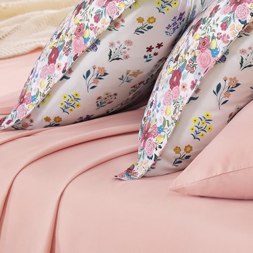 Image of Andency Queen 7 Piece Reversible Comforter Set, Floral Bedding Set,Pink | Botanical Floral Bed in a bag, Double-sided,90 inchx90 inch, All Season Use, Farmhouse Vintage Rustic Down Alternative for Bedroom