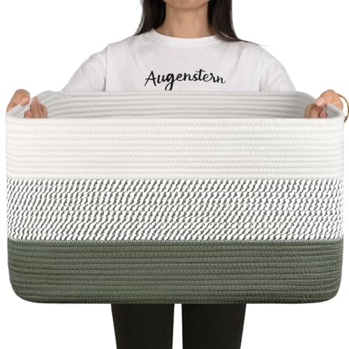 Image of OIAHOMY Large Blanket Basket, 22 inchx17 inchx12 inch Rectangle Woven Baskets, Nursery Blanket Storage Living Room, Toy Storage With Handle, Large Baskets for Organizing-Green /White