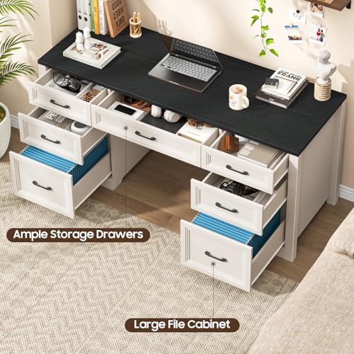 Image of Vabches Farmhouse Executive Desk, Wood Home Office Desk with 2 Large File Drawers and 5 Storage Cabinets, Rustic Writing Desk for Work and Study, Black