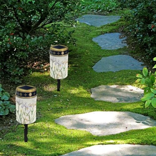 Image of White Flower Cemetery Solar Lights Water Resistant LED Flameless Candle Grave Lights Solar Powered Grave Decor Memorial Gift Outdoor Garden Decor Light for Prayer 2 Pcs