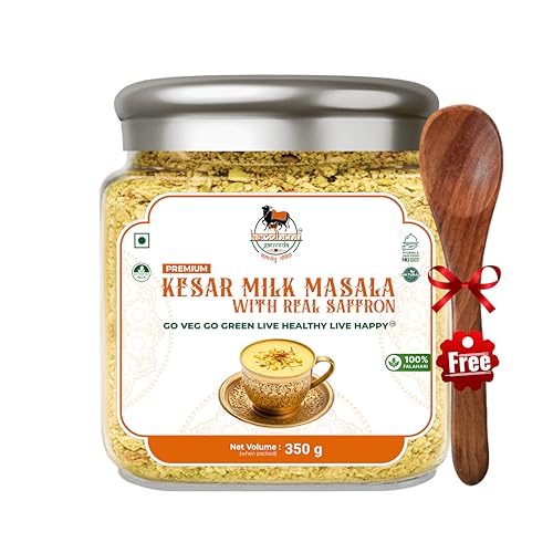 Image of KAMDHENU GAUVEDA Premium Kesar Milk Masala Powder with Saffron, Almonds, Pistachios, Cardamom, (350 Grm Pack of 1)