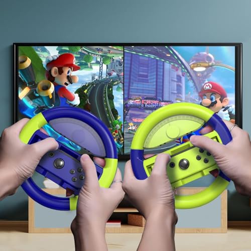 Image of PSS 2pcs Racing Game Steering Wheels Attachment Compatible with Nintendo Switch JoyCon, Switch OLED & OLED Joy-Cons, Racing Wheel for Mario Kart 8 Deluxe, Joy con Wheel Attachment, 135mm Diameter, (Joycon not included) (Blue /Yellow)