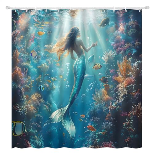 ZQANZQ Fantasy Mermaid Shower Curtain Tropical Fish Mysterious Sea Animals Blue Ocean Coral Nautical Fairytale Underwater World Coastal Bathroom Decor Set with Hooks