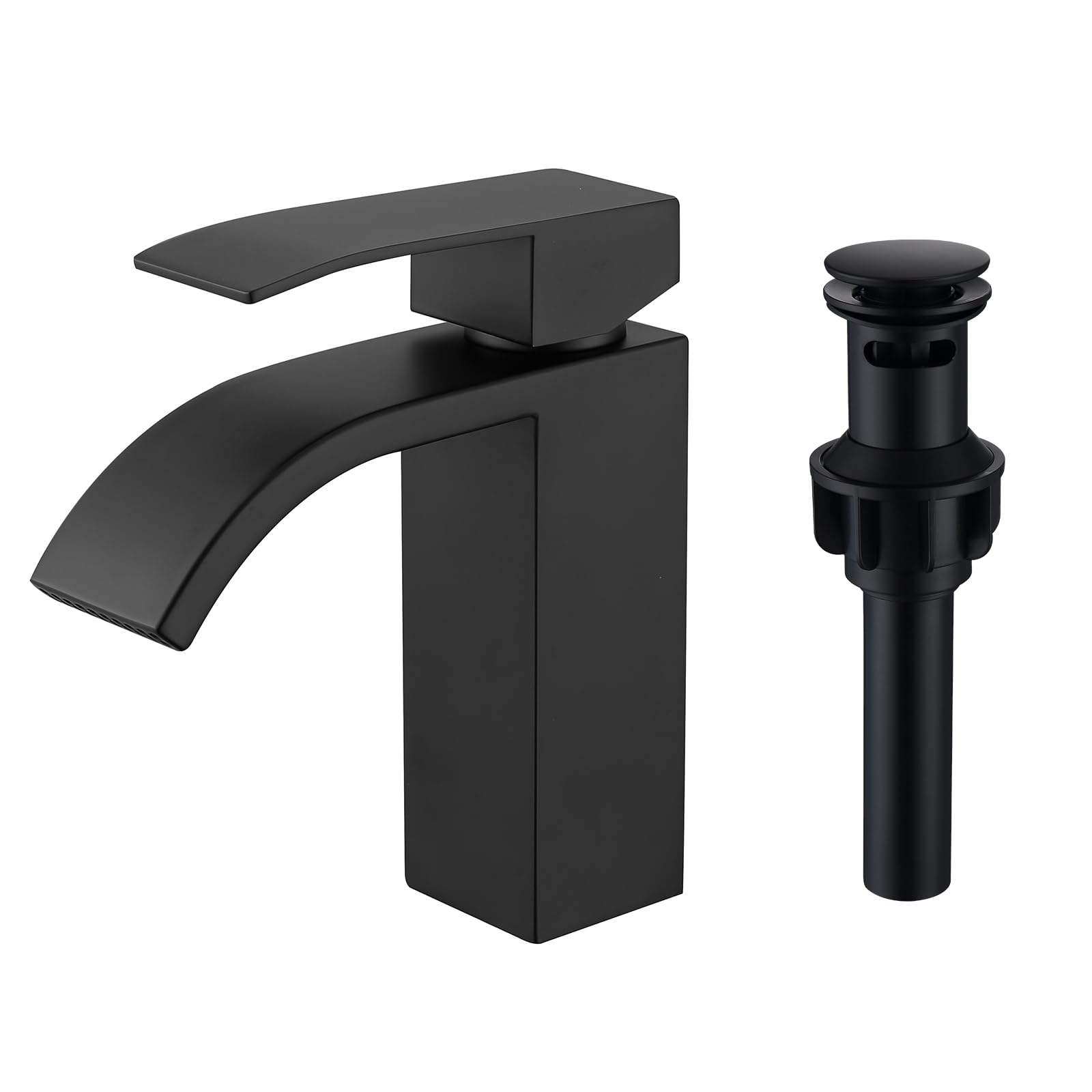 Sxithgkdw Black Bathroom Faucets 【Sus304 Stainless Steel】 Waterfall Bathroom Faucet 1 Hole + Sink Drain With Overflow Pop Up Sink Drain Stopper, Sf4+Sd30-Bk