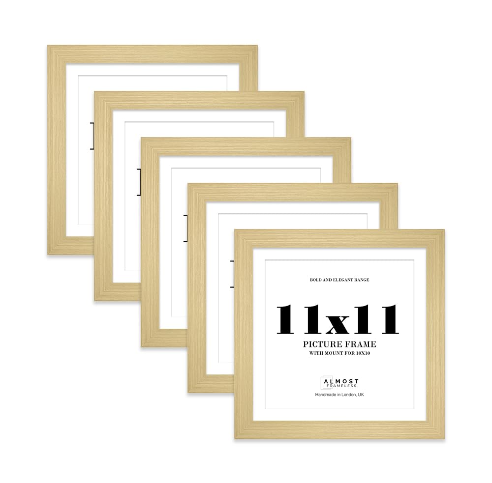 11x11" Gold Square Frame With Mount for 10x10" Pictures 28mm Edge Frame Display with Wall Hooks and Kickstand, 5 Pack