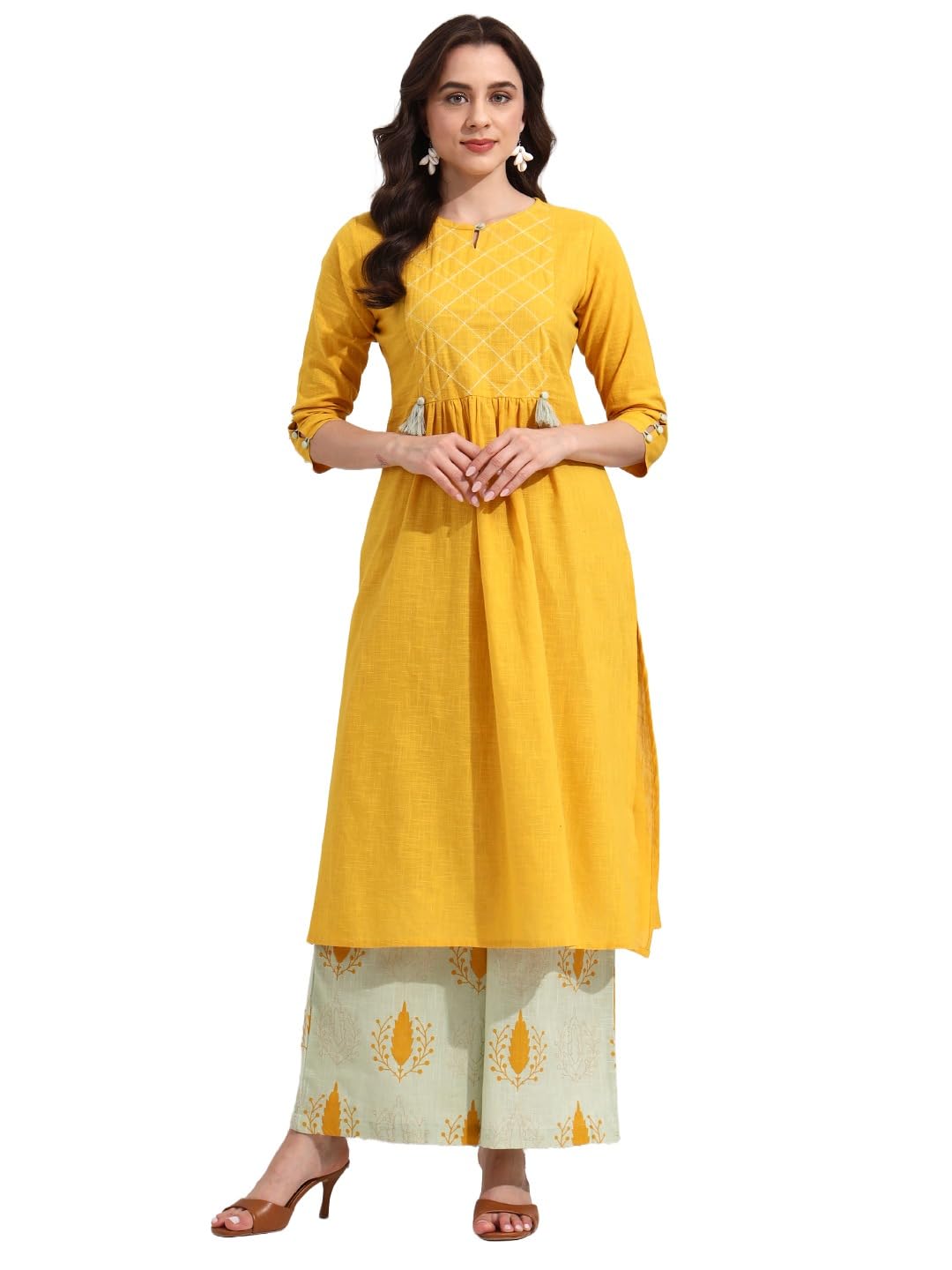 Ethnic Kurta Set for Women 3/4 Sleeve, Round Neck Cotton A-line Solid Kurta with Palazzo Pant Set-image-44