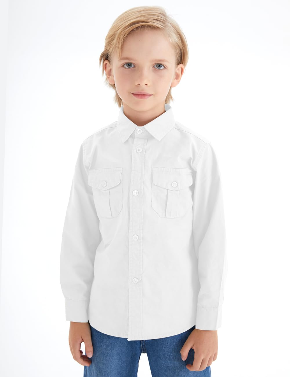 Spring&Gege Camisas de manga larga con botones de algodón tejido dos bolsillos camisas para niños