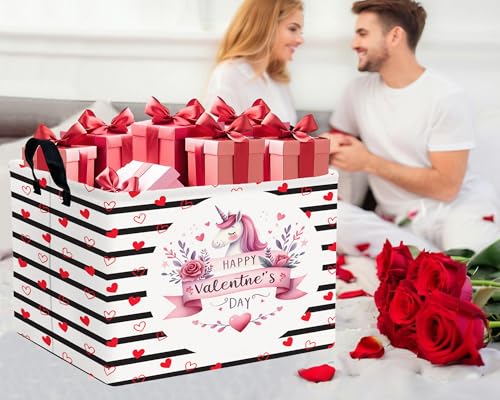 Image of Valentines Day Basket for Kids Heart Shaped Empty Storage Bins for Gifts with Handles Room Decor (Black Dash Love Unicorn)