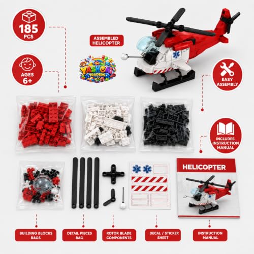 Image of Yashoni Helicopter Building Blocks Set - 185 Pcs Medical Rescue Helicopter Model | Pull String Rotor Action, STEM Construction Toy for Kids 6+ Boys & Girls | Educational 3D Building Kit, Gift