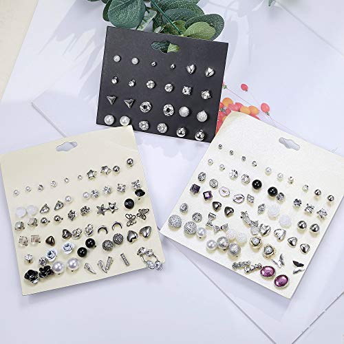 Jstyle 72 Pairs Assorted Multiple Stud Earrings For Women Simple Cute Ball Triangle Cz Earrings Set Silver-Tone #TOP2