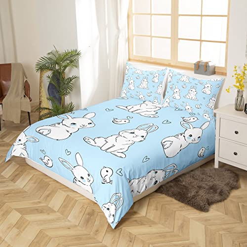 Kids Rabbit Bedding Set Cute Rabbit Heart Duvet Cover for Boys Girls Watercolor Cartoon Wild Animal Bed Cover Blue 3Pcs Double Size Boys - Image 2