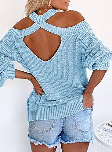 FARYSAYS Women's Autumn Winter Cold Shoulder Sweater Long Sleeve Back Cut Out Casual Loose Knitted Pullover Sweater Tops Blue Small