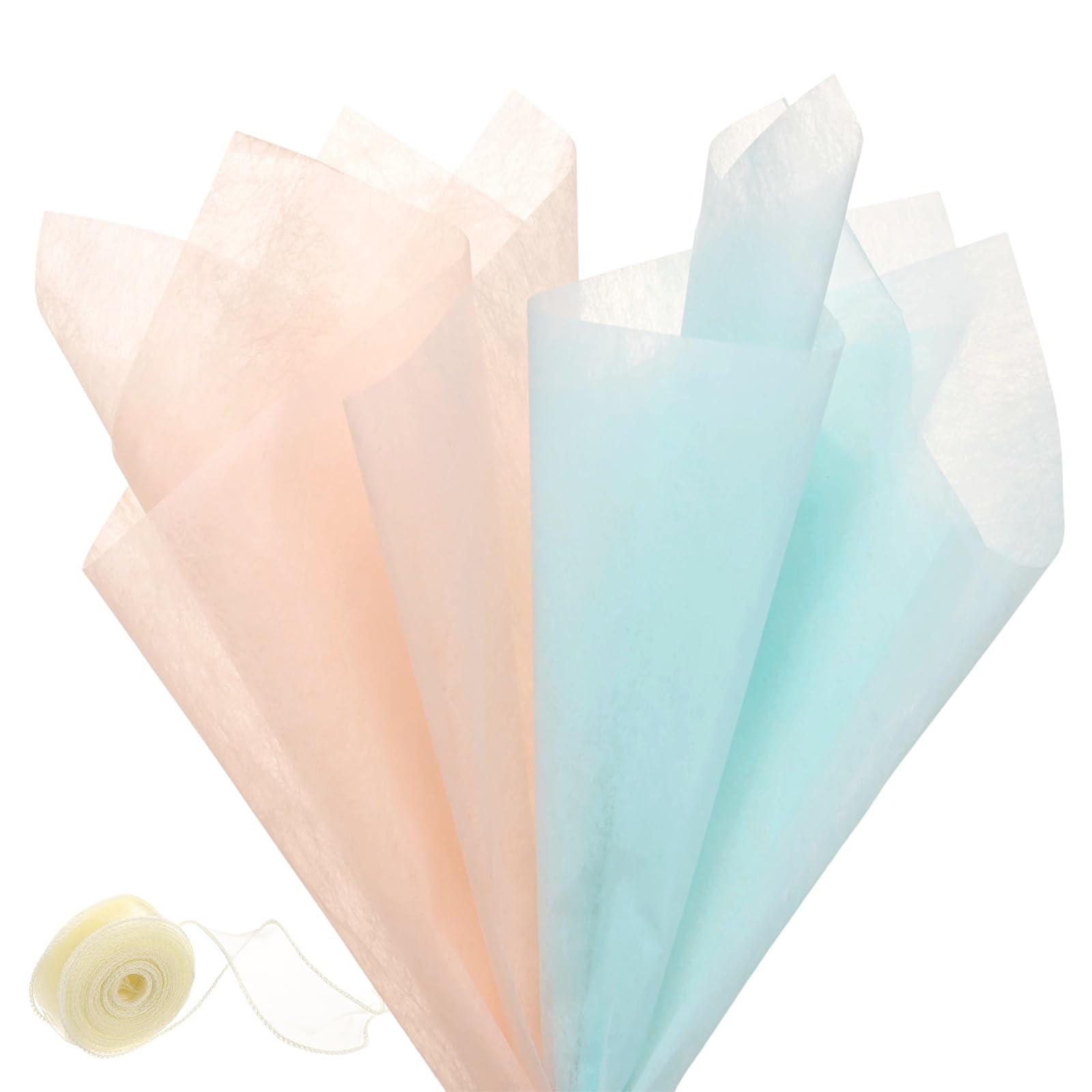 M METERXITY 76Sheets Korean Cotton Flower Wrapping Paper with Ribbon, 12" Milk Cotton Waterproof Floral Bouquet Wrapping Paper for Party/Bouquets/Gift Packaging [Blue, Dusty Pink]