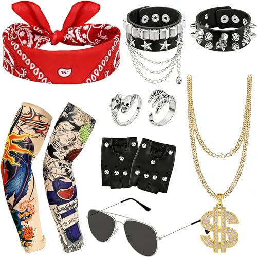 Hysagtek Punk Kostüm Set 11 Stück - Gothic Rocker Outfit Herren mit Bandana Handschuhe Kette Fake Tattoo Ärmel - Karneval Halloween Party Zubehör