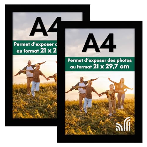 Americanflat Cadre Photo A4 Noir - Cadre A4 en MDF avec Verre Incassable Poli, Chevalet et Matériel de Suspension Intégré - Format Horizontal et Vertical pour Mur et...