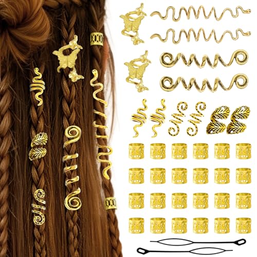 Fscwlmon 32pcs Butterfly Hair Jewelry for Women Men Multi Style Loc Dreadlock Accessories Set Adjustable Metal Hair Cuff for Women Braids Snake Octopus Clips Beard Beads Halloween Decoration Gift GJ