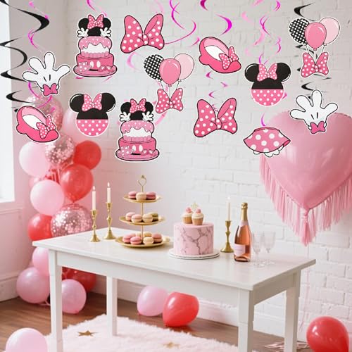 Image of Pre-Strung Black Pink Birthday Hanging Swirl Decorations,Mouse Birthday Party Ceiling Streamers,Pink Mouse Theme Party Supplies,Party Favors for Girls Kids(38 Pcs)
