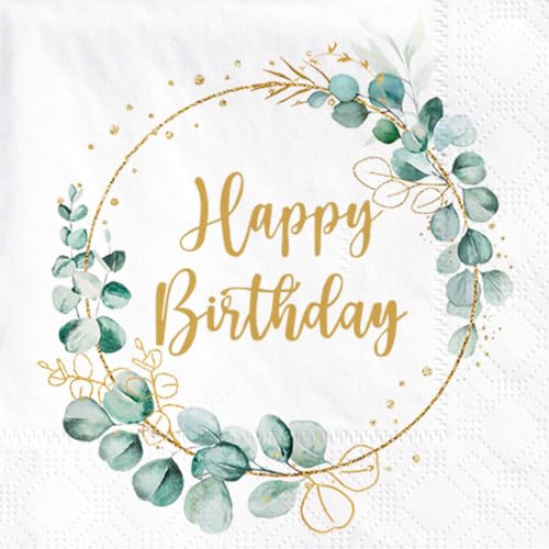 Sprinlot 40 Stück Servietten Geburtstag Eukalyptus, Servietten Salbeigrün, Happy Birthday Servietten, Servietten Eukalyptus Grün, Geburtstagsdeko Tisch Servietten Tischdeko Geburtstag Frau Mann