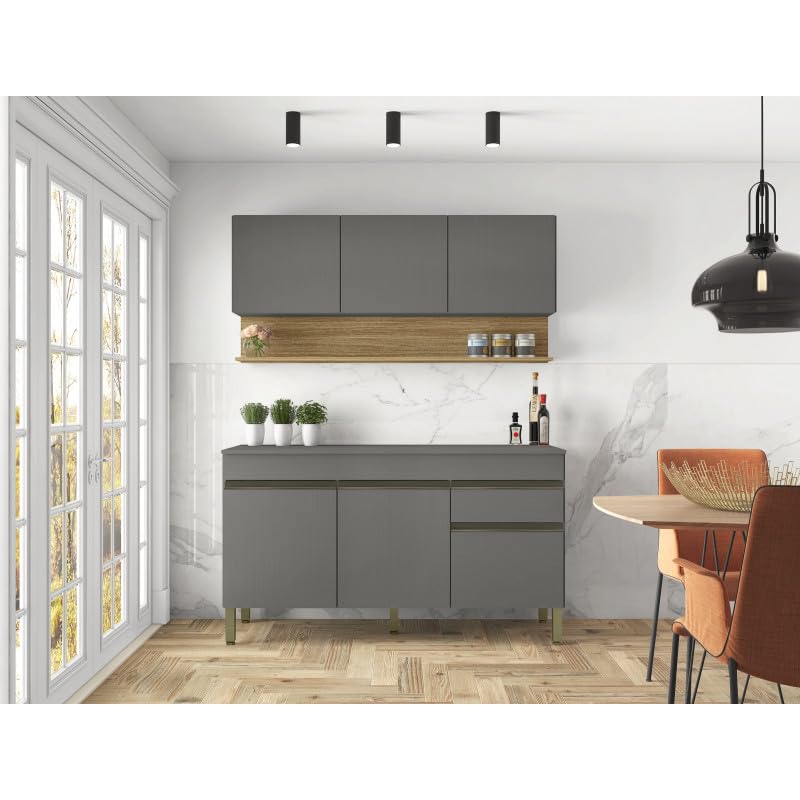 ACTUAL DIFFUSION Cuisine Equipée 6 Portes 1 Tiroir Chêne et Gris 7 Niches L 120 H 200 P 53.3 cm