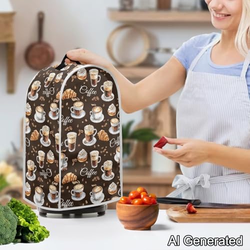 Image of Bread & Coffee Pattern Kitchen Blender Cover Machine Washable Food Processor Dust Cover with Top Handle Machine Washable Small Appliance Protector for Coffee Maker Juicer