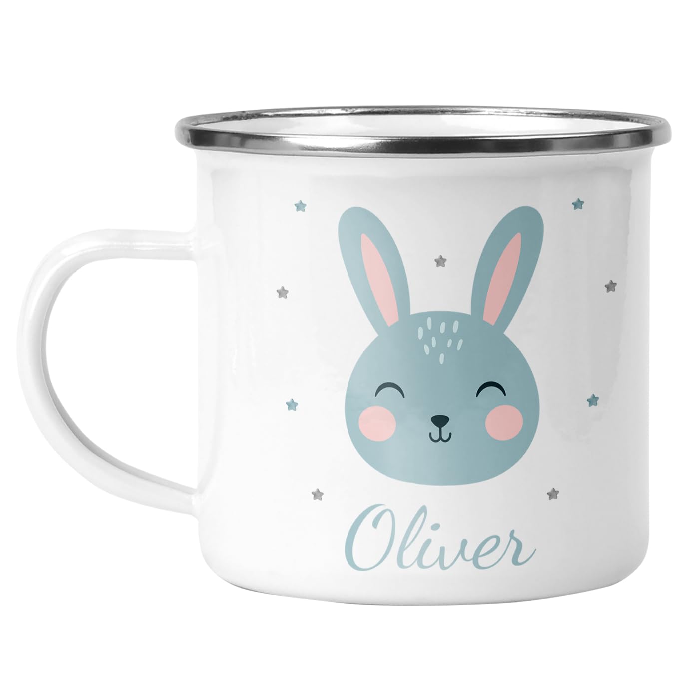 Chicken Craft Personalised Enamel Easter Mug - Blue Bunny Name Cup - Custom Easter Gift for Kids & Adults - Cute Rabbit Design - 12oz Metal Camping Mug