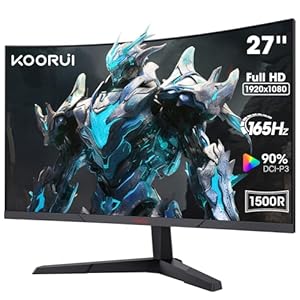 KOORUI 27 Zoll Curved Gaming Monitor, FHD 1080p, 4ms Reaktionszeit,165Hz Bildwiederholraten, DCI-P3 90%, SRGB 100%, HDMI 1.2, DP 1.2, Audioanschluss, 250cd/m² Helligkeit Schwarz