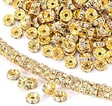 Dhruv Crafts Rondelle Spacer Beads, Gold Plated White Crystal Rhinestone Spacer Beads for Jewelry Making | 200Pcs 8MM