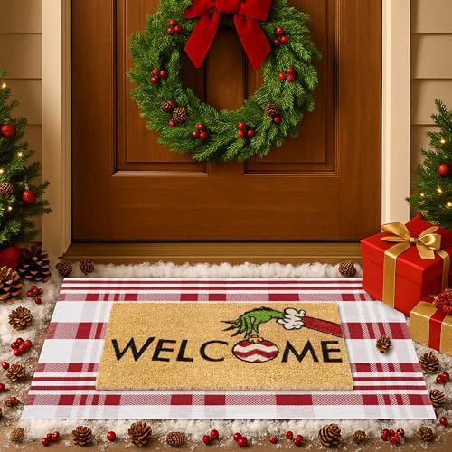 Christmas Door Mat Set, 2-Piece Layered Welcome Mat Combo with Re...