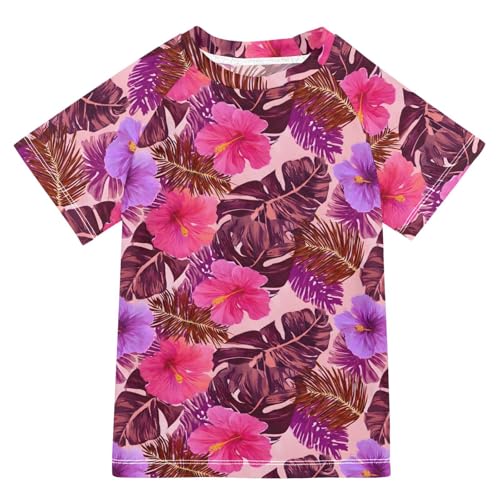 ALAZA Kids Rash Guard Girls Toddler Swim Shirts Short Sleeve Hibiscus Flower Purple UPF 50+ 3T - Main Image