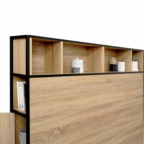 IDMarket Cleo - Cabecero de cama 145 cm, diseño industrial con almacenamiento madera y metal, color negro