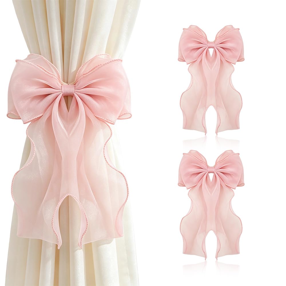 Pink Bow Tie Backs for Curtains 2 Pack Girls Pink Bedroom Decor Aesthetic