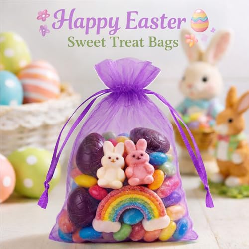 Image of ANZNKU 100PCS Premium Purple Organza Bags 5x7 inches Mesh Bags Drawstring, Gift Bag Small Size for Easter, Organza Favor Bag, Treat Sachet Pouch for Baby Shower Graduation