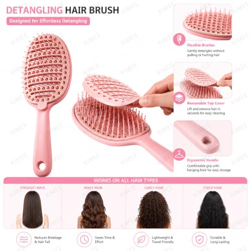Image of KIMEE Natural Boar Bristle Hair Brush Set for Women, Men and Kids With Thin, Normal And Fine Hair. Restore Shine And Texture To Your Hair. Wooden Comb, Travel Bag and Spa Headband (PINK)