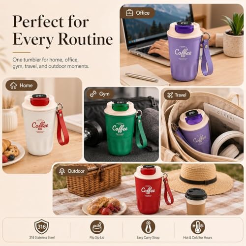 Image of Coffee Vacuum Flask, 12oz Durable Insulated Tumbler Built-in LED Temperature Display, 316 Stainless Steel Travel Coffee Mug for Home, Office, And Outdoor Use (Smart temperature display-White)