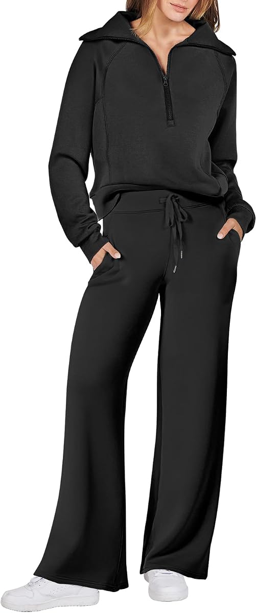 ANRABESS Conjunto de 2 piezas para mujer, trajes deportivos para salón, otoño | Jersey con cremallera de un cuarto, pantalones de pierna ancha y bolsillos a juego, ropa informal de moda para viajes, ropa de vacaciones en el aeropuerto, trajes deportivos