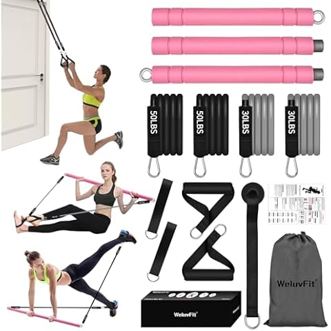 Multifunctional Portable Stackable Pilates Bar Kit with Resistance Bands, Door Anchor for Resistance Bands-Home Gym Equipment with Handles - Pilates Flexbands Supports Full-Body Workouts for Yoga Pink Cover