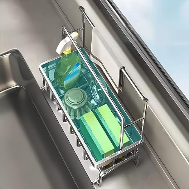 Sponge Holder for Kitchen Sink, Sink Caddy with Towel Rack, Sponge Holder and Soap Dispenser Stand, Kitchen Countertop Accessories (Gray)