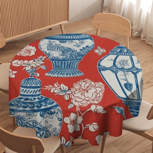 60in Round Tablecloth Table Decor Blue Ginger Jar Chinoiserie Inspired Asian Inspired Bright Decor Table Cloth Stain Resistant Washable Table Cover for Restaurant Kitchen Dining Camping Picnic