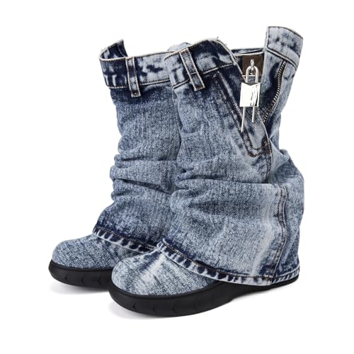 Women Denim Fold Over Western Cowboy Boots Mid-Calf Platform Wedge Platform with Zipper Round Toe Padlock Vintage Wide Calf Booties