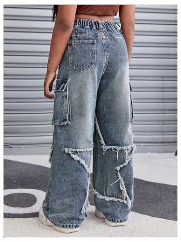 WDIRARA Girl's Y2k Star Pattern Denim Cargo Pants High Waist Jeans with Flap Pockets3